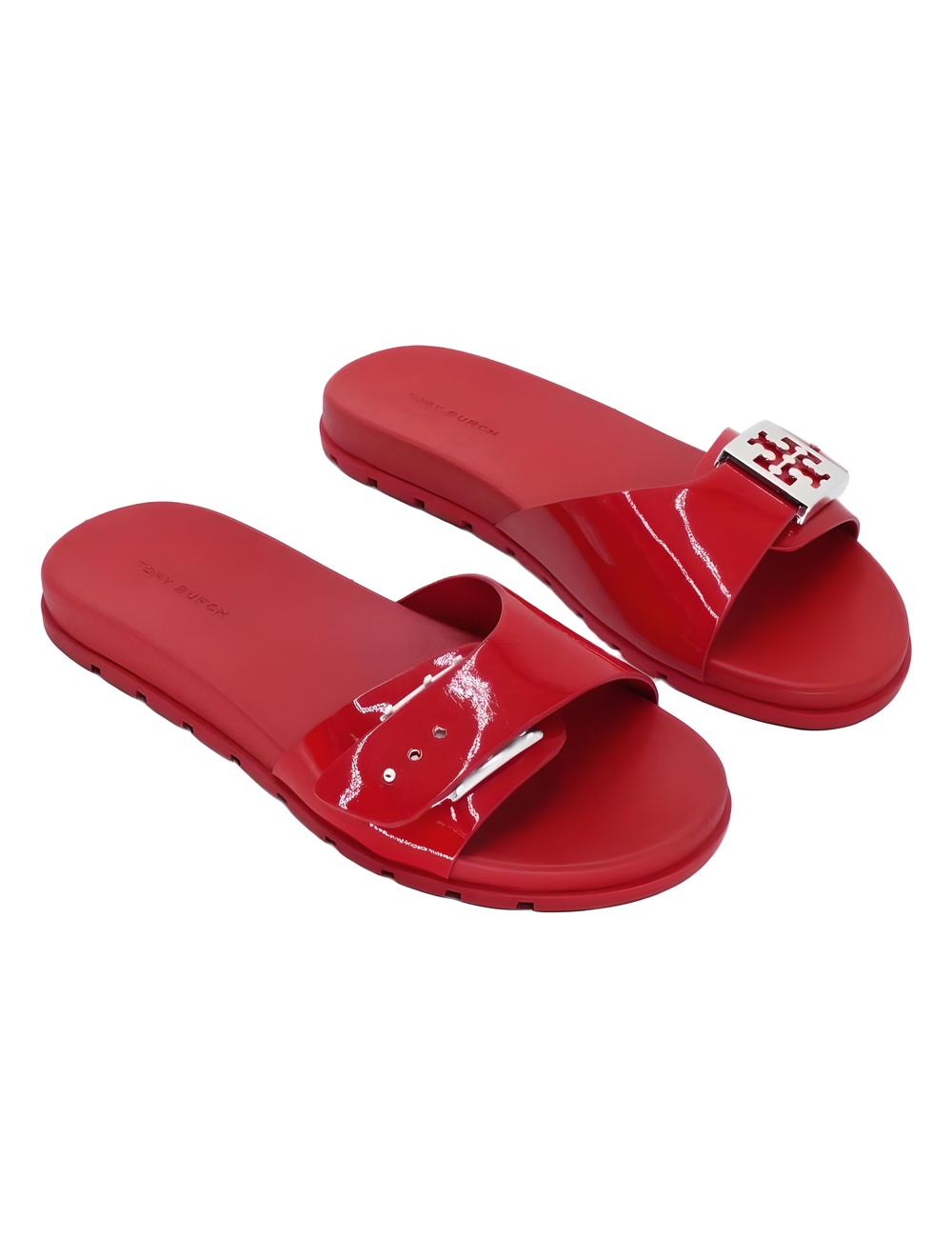 Tory Burch Mellow Buckle Slide Sandals Lipstick Red Silver Size 6M